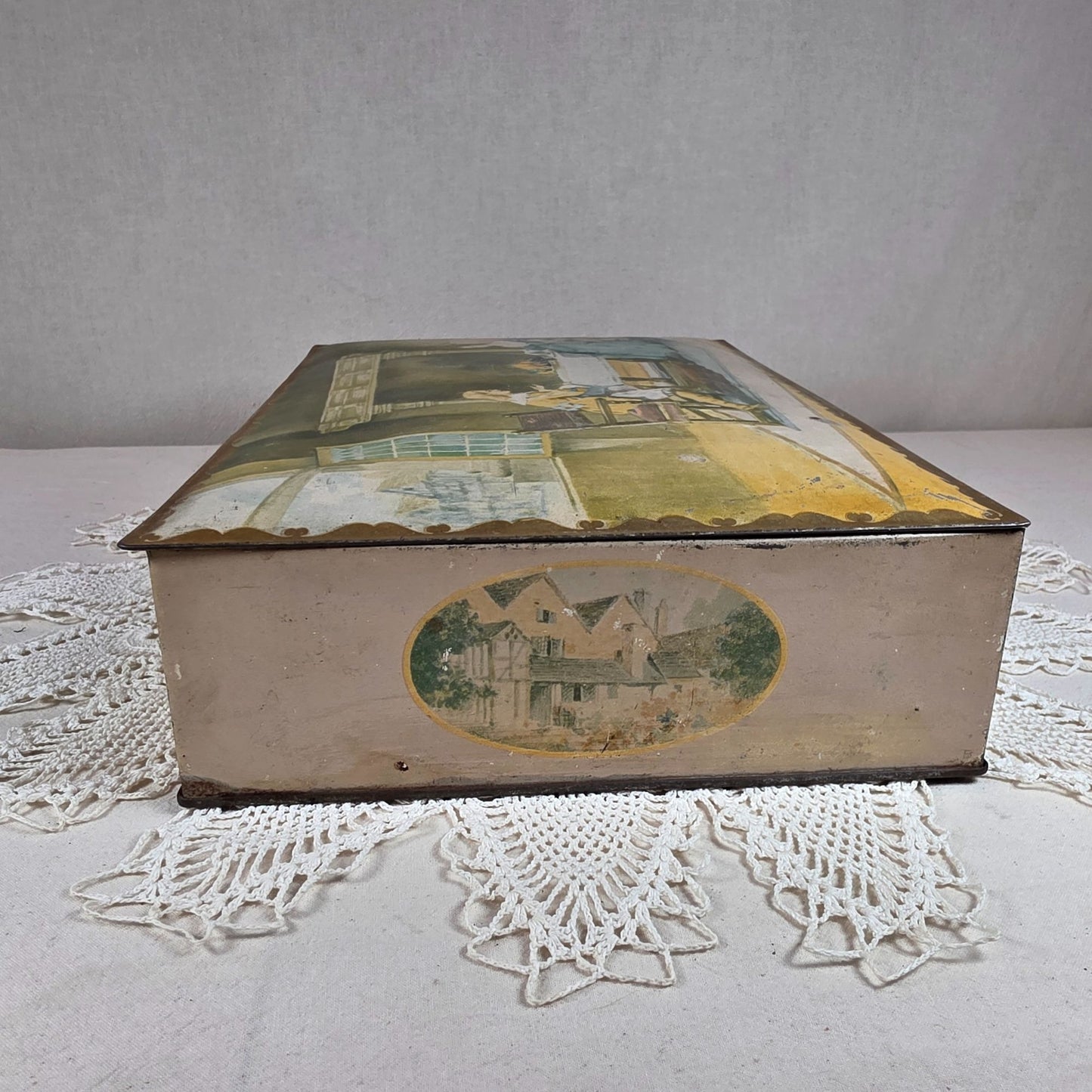 Antique NBC Uneeda Biscuit Tin Lithograph Victorian Scene Hinged Storage Box 11.25"