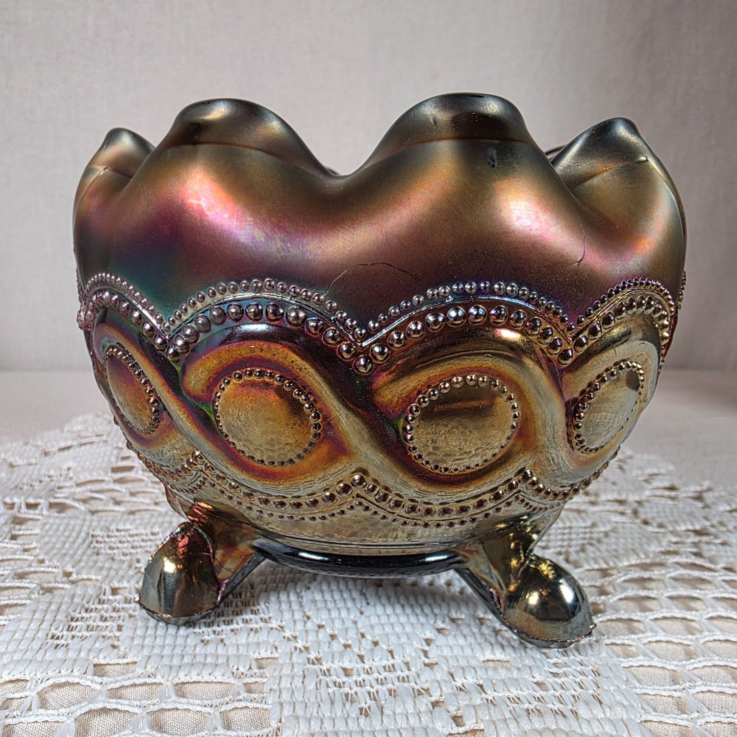 Northwood Carnival Glass Beaded Cable Rose Bowl Iridescent Ruffled Edge Footed Antique Collectible Home Décor