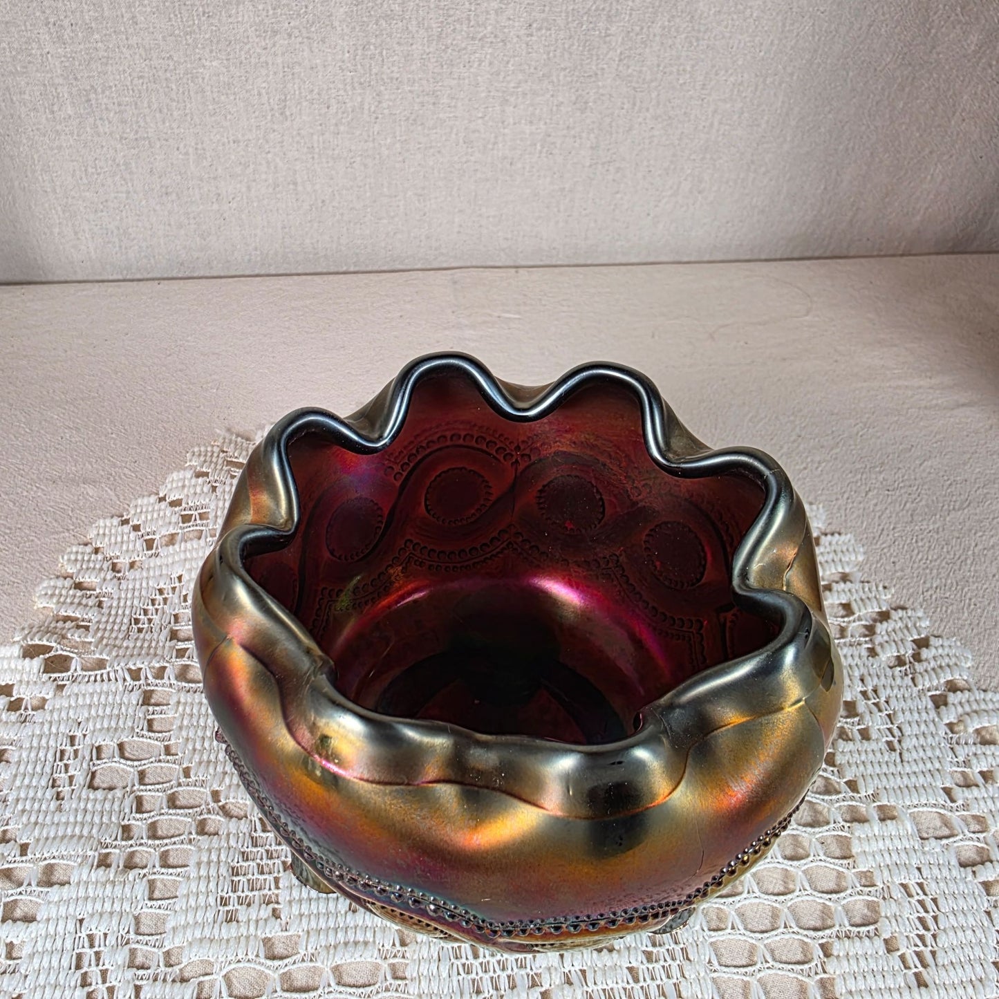 Northwood Carnival Glass Beaded Cable Rose Bowl Iridescent Ruffled Edge Footed Antique Collectible Home Décor