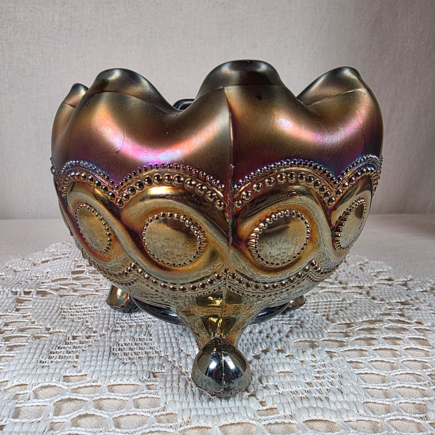 Northwood Carnival Glass Beaded Cable Rose Bowl Iridescent Ruffled Edge Footed Antique Collectible Home Décor