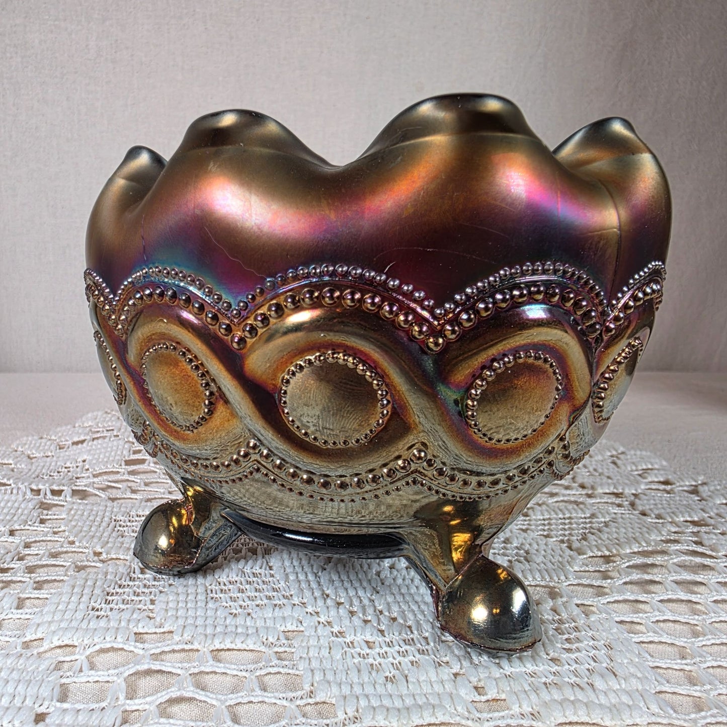 Northwood Carnival Glass Beaded Cable Rose Bowl Iridescent Ruffled Edge Footed Antique Collectible Home Décor