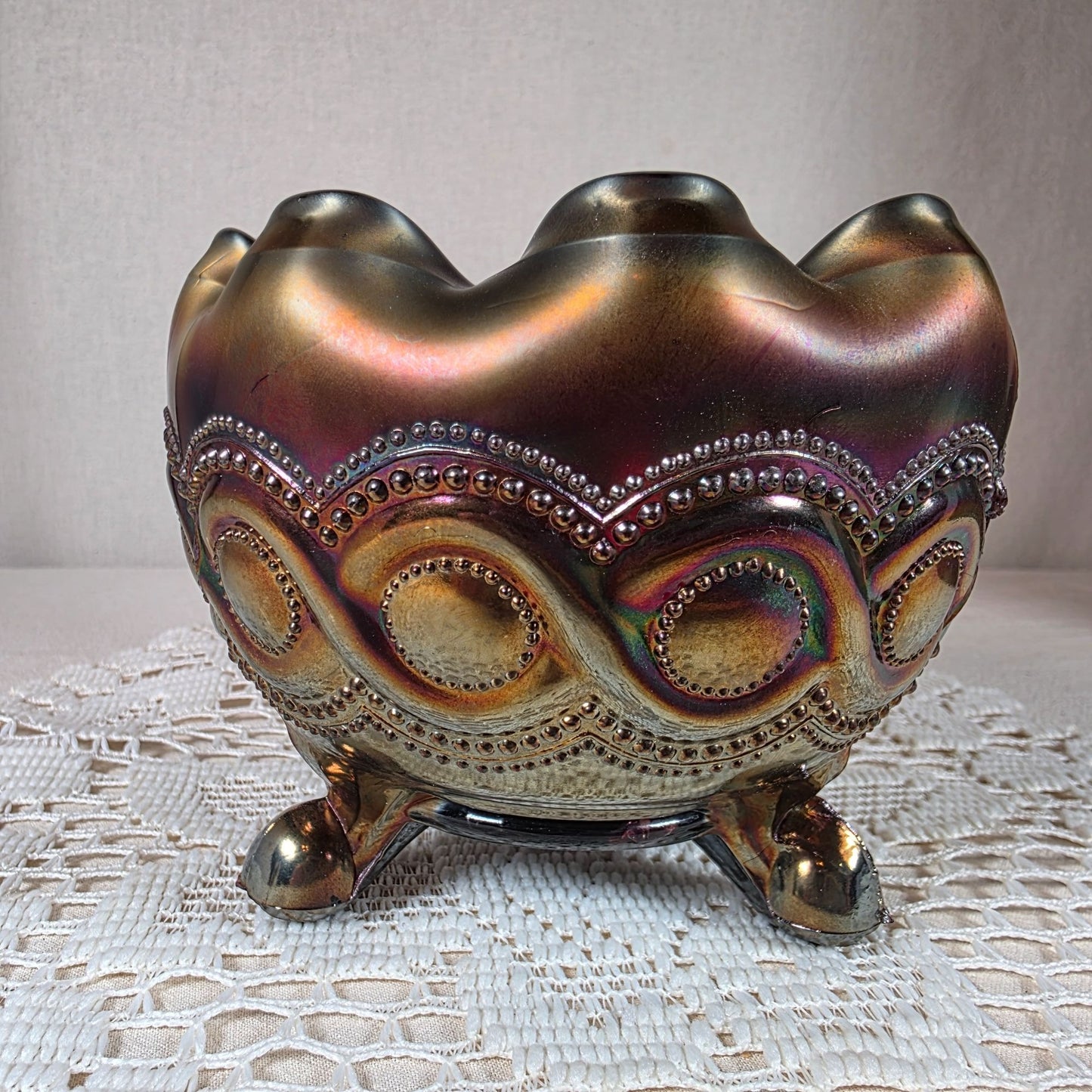 Northwood Carnival Glass Beaded Cable Rose Bowl Iridescent Ruffled Edge Footed Antique Collectible Home Décor