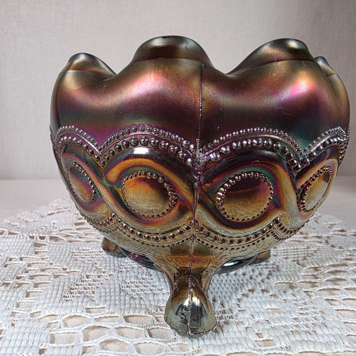 Northwood Carnival Glass Beaded Cable Rose Bowl Iridescent Ruffled Edge Footed Antique Collectible Home Décor