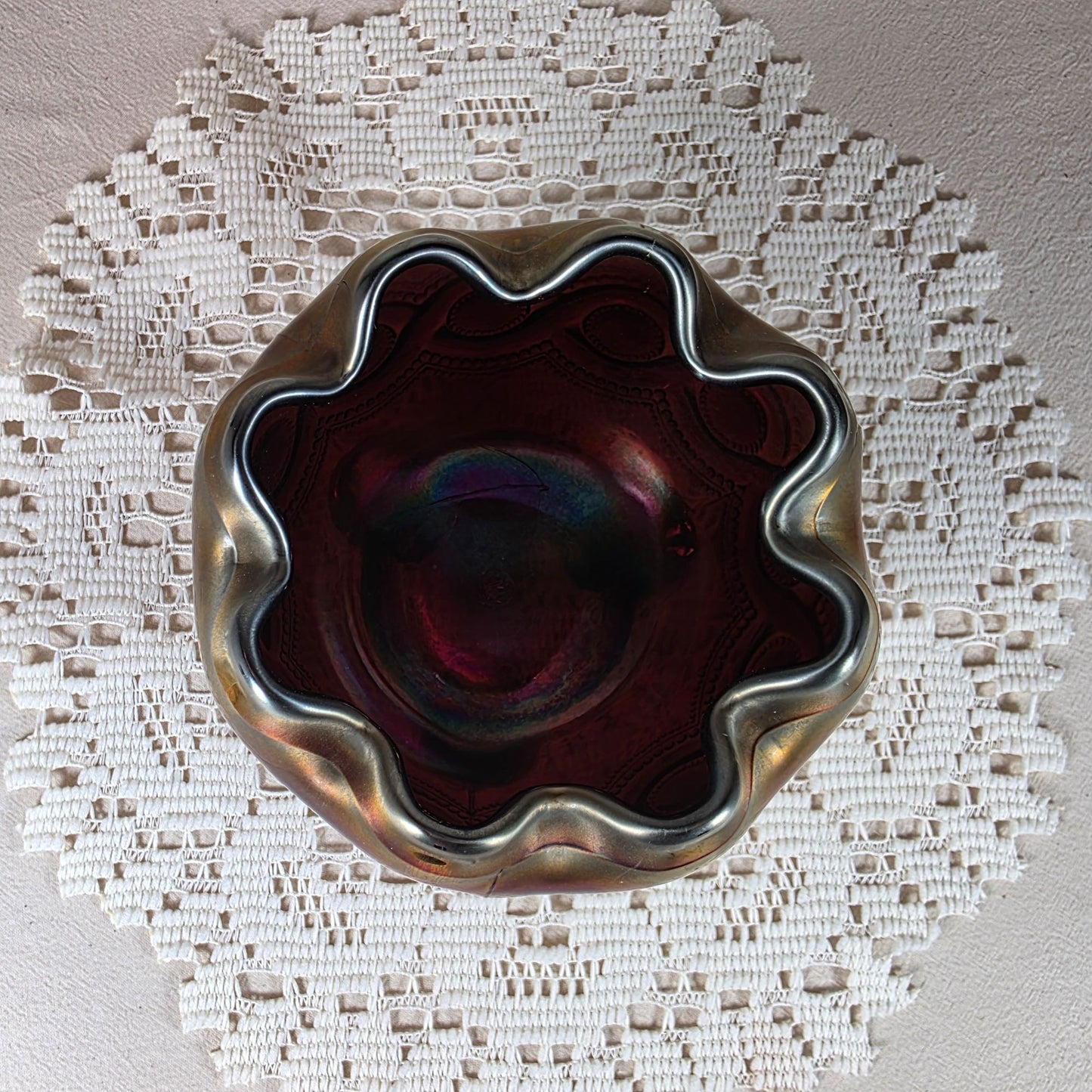 Northwood Carnival Glass Beaded Cable Rose Bowl Iridescent Ruffled Edge Footed Antique Collectible Home Décor