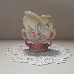 Hull Pottery Double Handled Vase Pink Yellow Floral Relief Matte Vintage USA