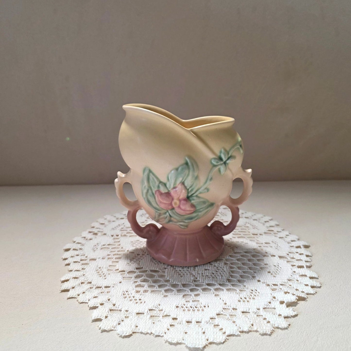 Hull Pottery Double Handled Vase Pink Yellow Floral Relief Matte Vintage USA