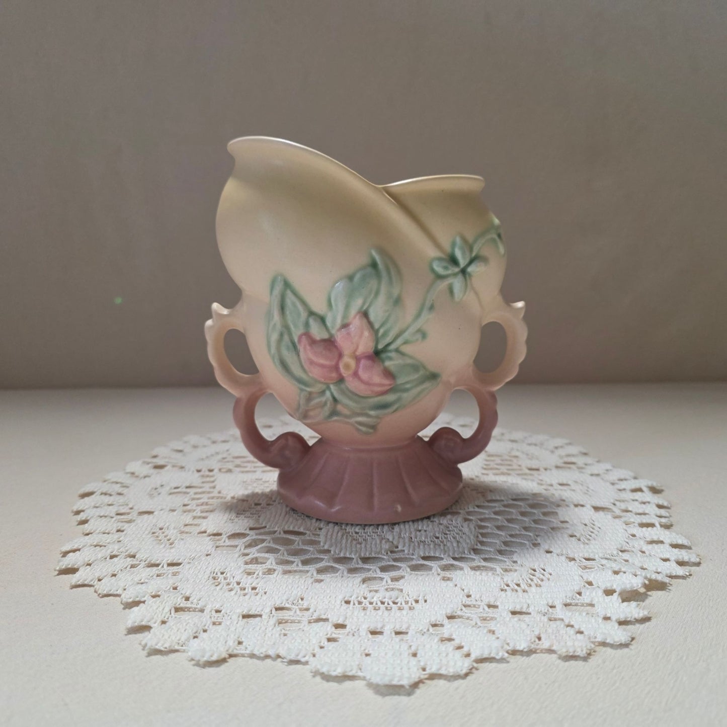 Hull Pottery Double Handled Vase Pink Yellow Floral Relief Matte Vintage USA