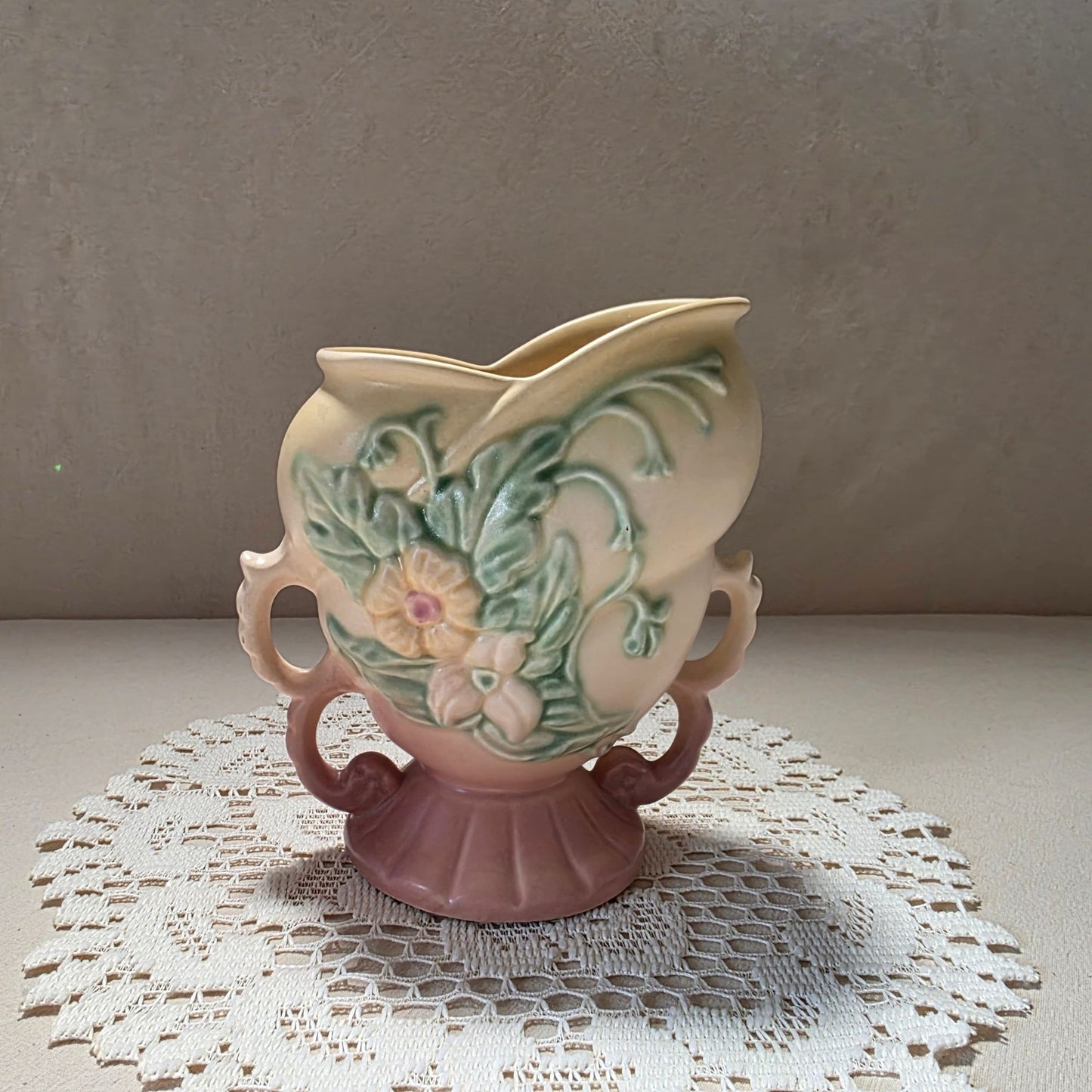 Hull Pottery Double Handled Vase Pink Yellow Floral Relief Matte Vintage USA