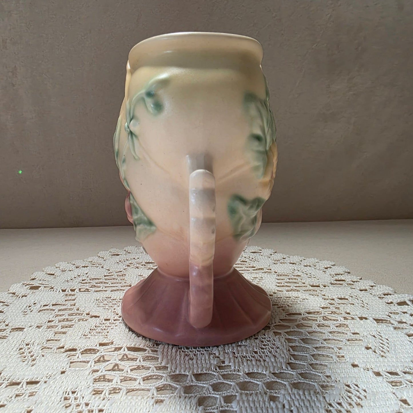 Hull Pottery Double Handled Vase Pink Yellow Floral Relief Matte Vintage USA