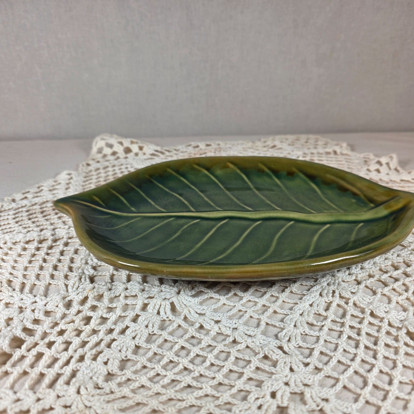 Pier One Ceramic Leaf Decorative Serving Dish With Detailed Texture & Glossy Olive