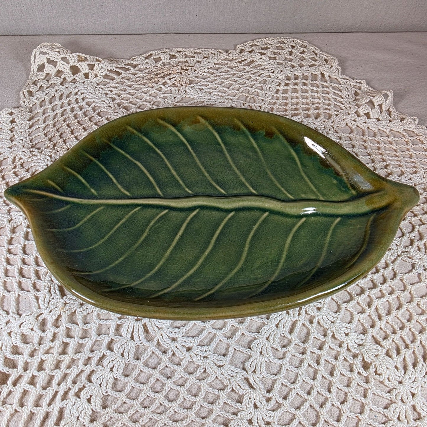 Pier One Ceramic Leaf Decorative Serving Dish With Detailed Texture & Glossy Olive