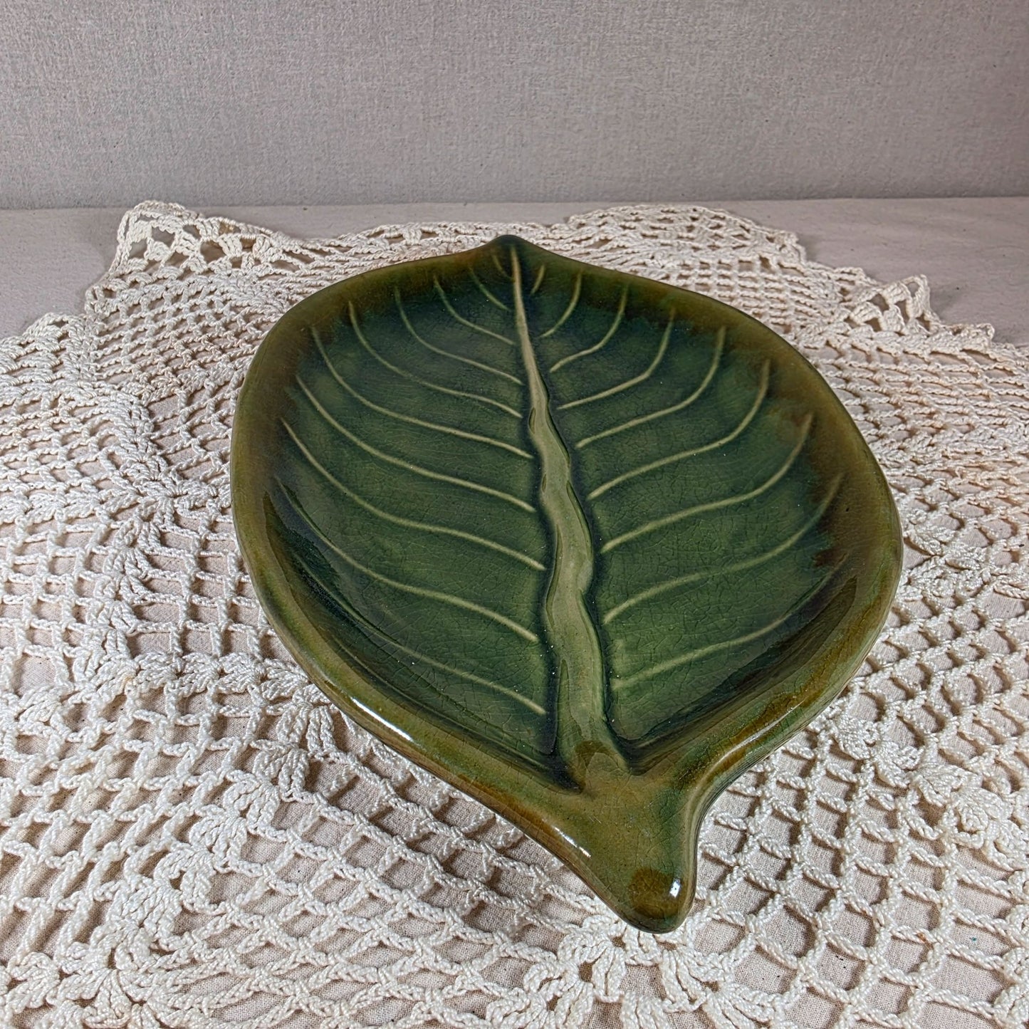Pier One Ceramic Leaf Decorative Serving Dish With Detailed Texture & Glossy Olive