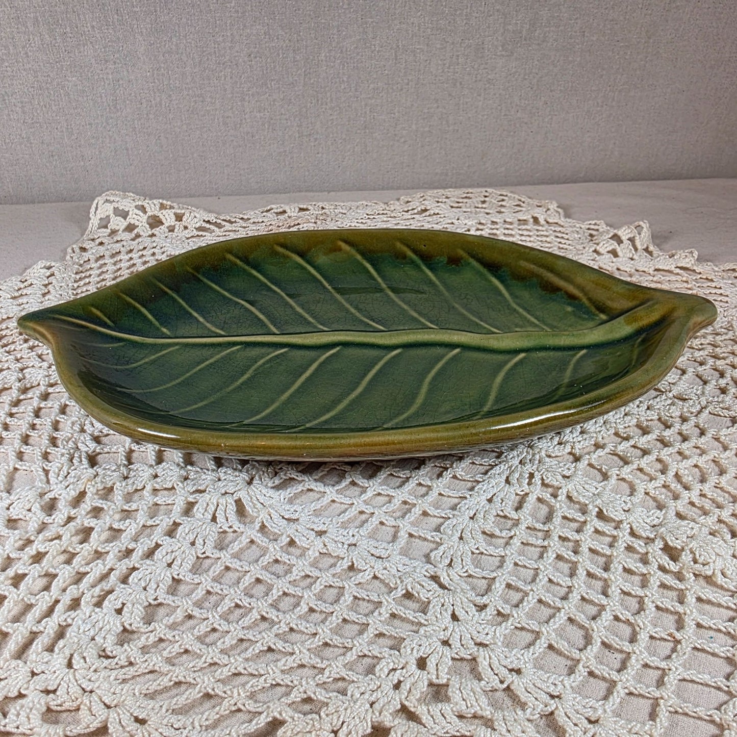 Pier One Ceramic Leaf Decorative Serving Dish With Detailed Texture & Glossy Olive