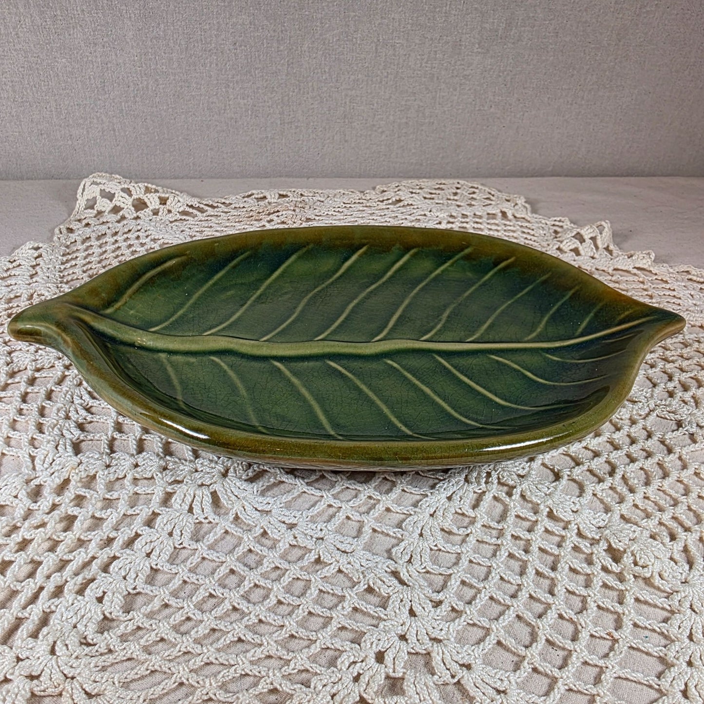 Pier One Ceramic Leaf Decorative Serving Dish With Detailed Texture & Glossy Olive
