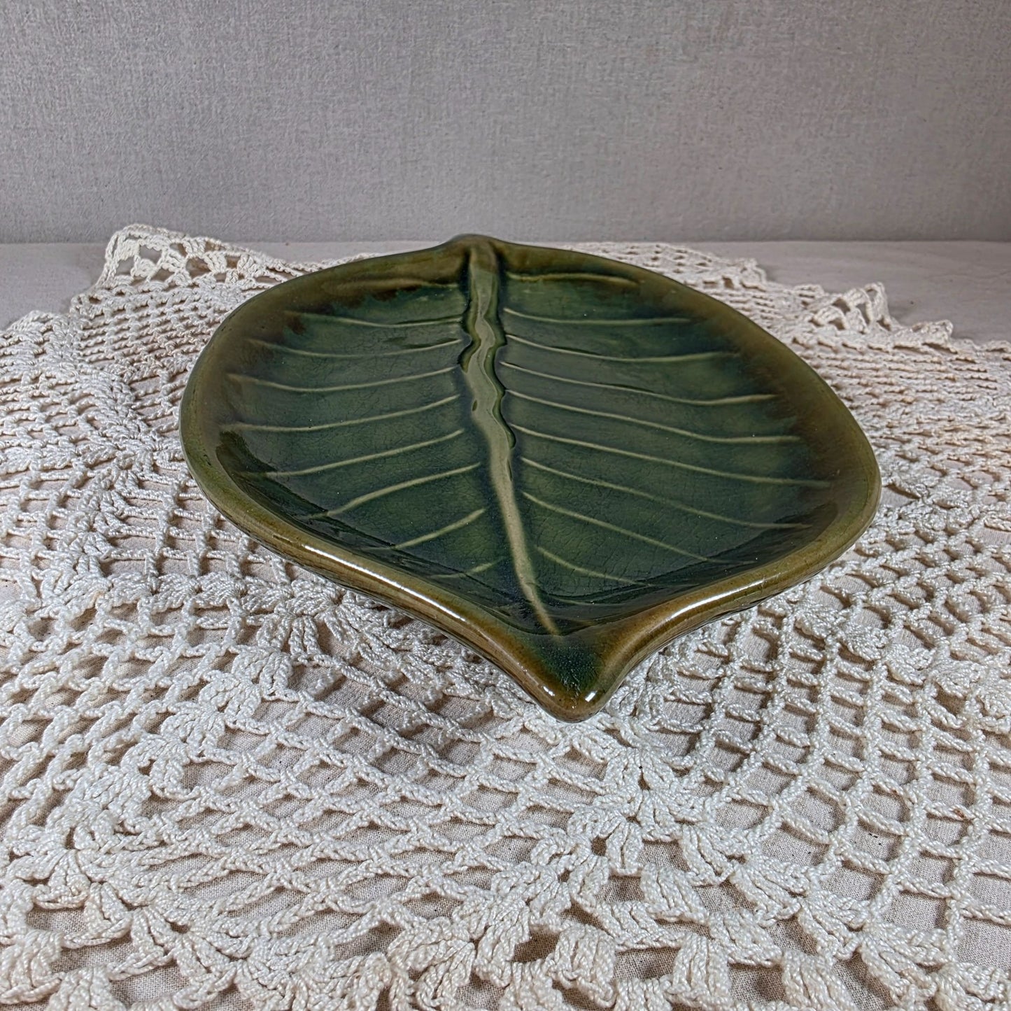 Pier One Ceramic Leaf Decorative Serving Dish With Detailed Texture & Glossy Olive