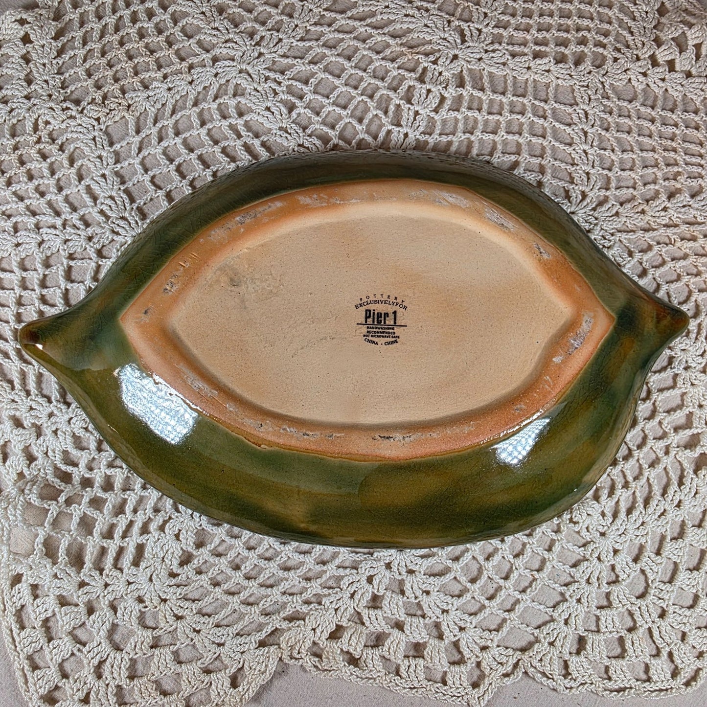 Pier One Ceramic Leaf Decorative Serving Dish With Detailed Texture & Glossy Olive