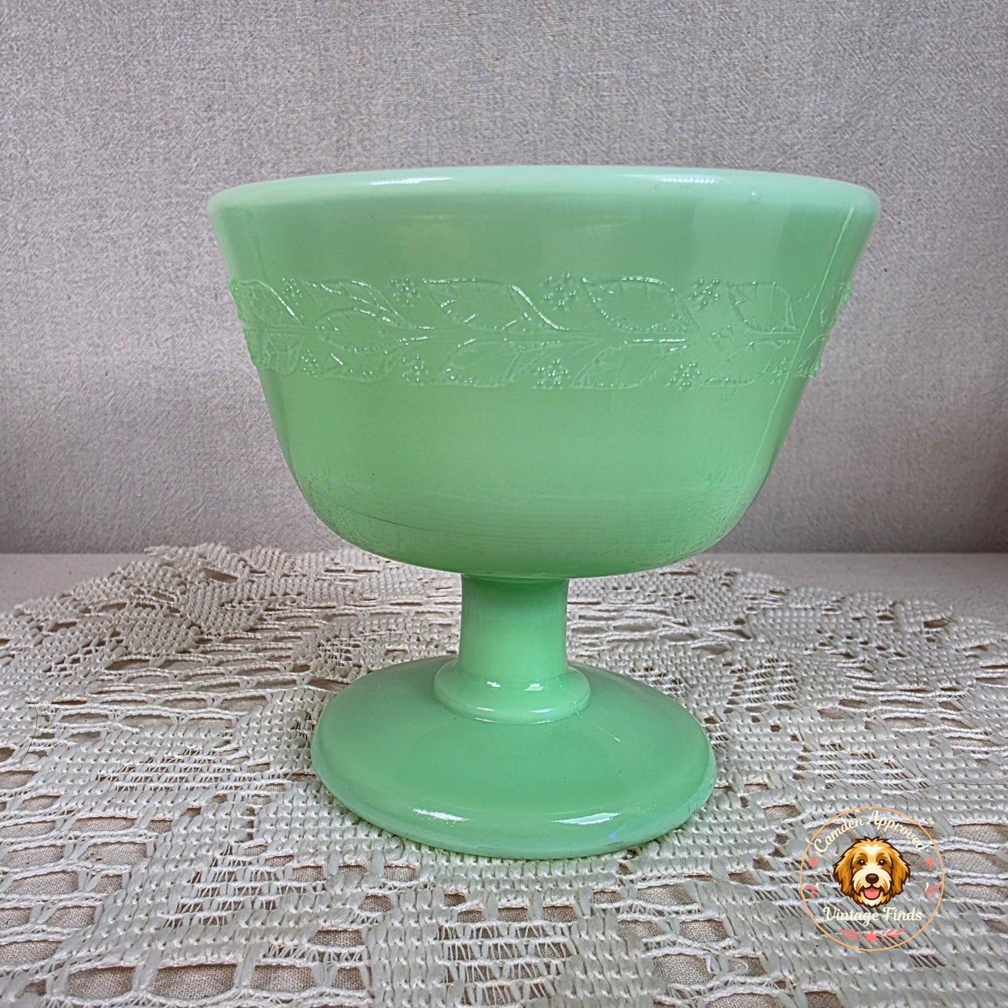 Vintage McKee Laurel Jadeite Sherbet Dish 3 3/4" Tall Embossed Leaf Pattern Glows Under UV Light