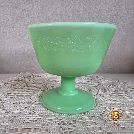 Vintage McKee Laurel Jadeite Sherbet Dish 3 3/4" Tall Embossed Leaf Pattern Glows Under UV Light