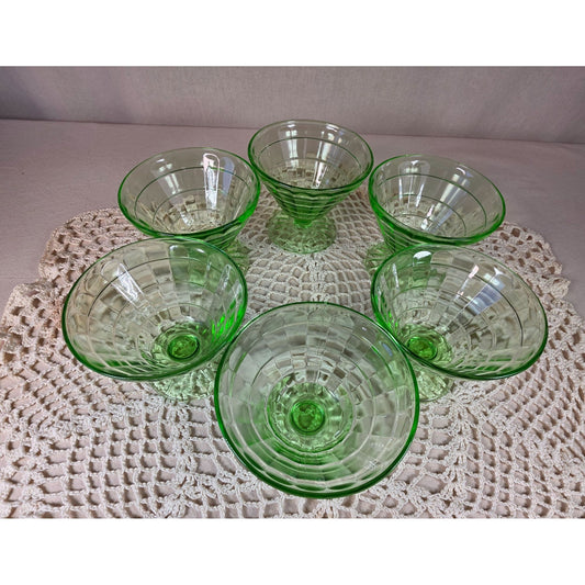 Set Of 6 Vintage Green Depression Glass Sherbert dishes By Hazel Atlas Block Optic Design