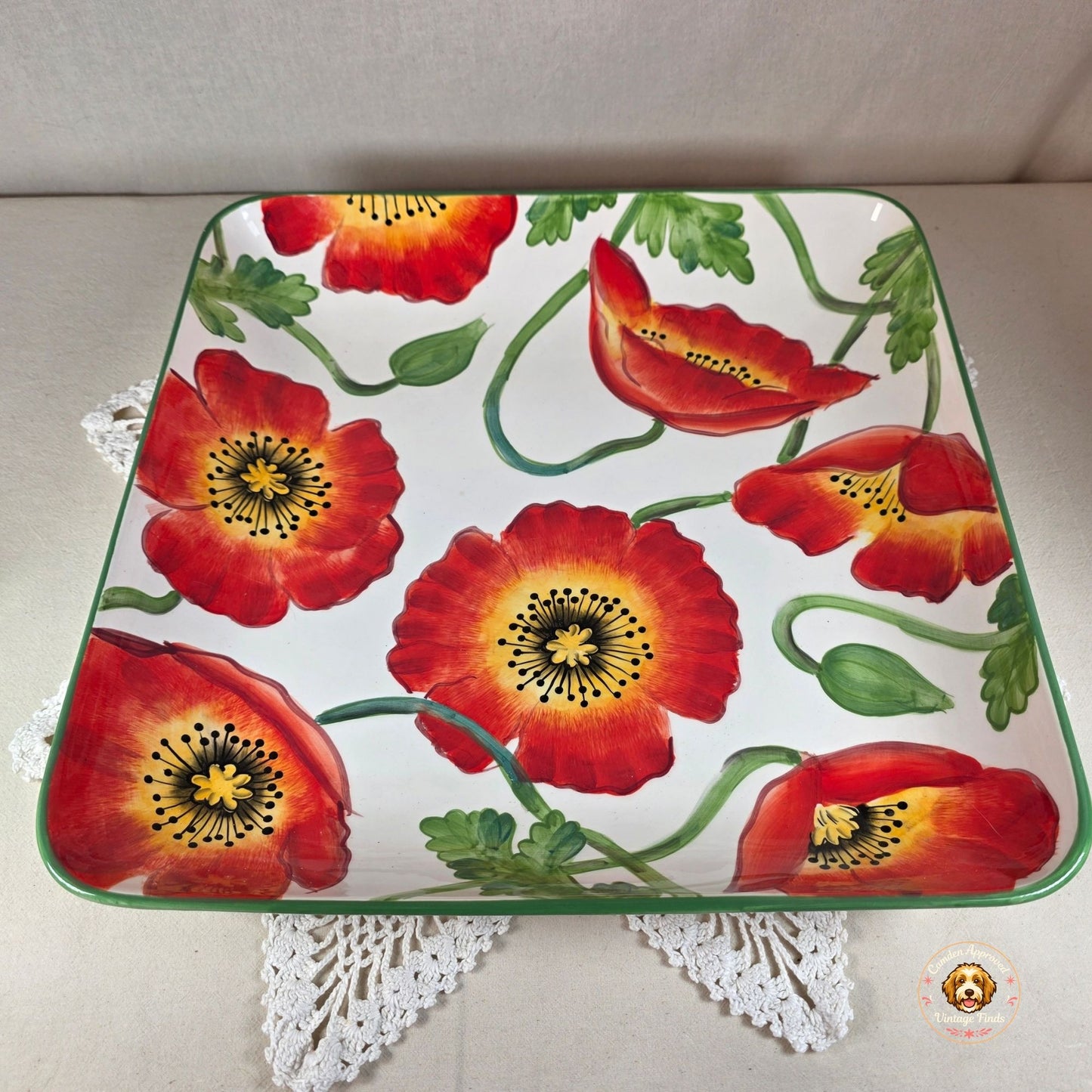 Clay Art Poppies Hand-Painted Square Serving Dish 14" Floral Design StoneLite 2002