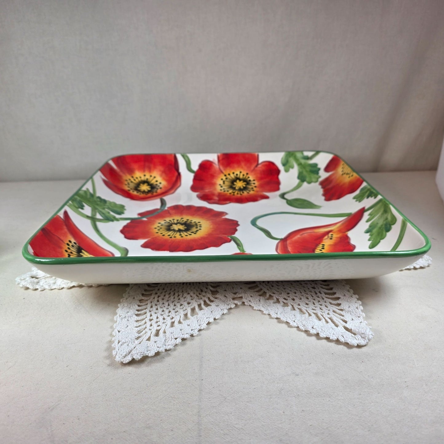 Clay Art Poppies Hand-Painted Square Serving Dish 14" Floral Design StoneLite 2002
