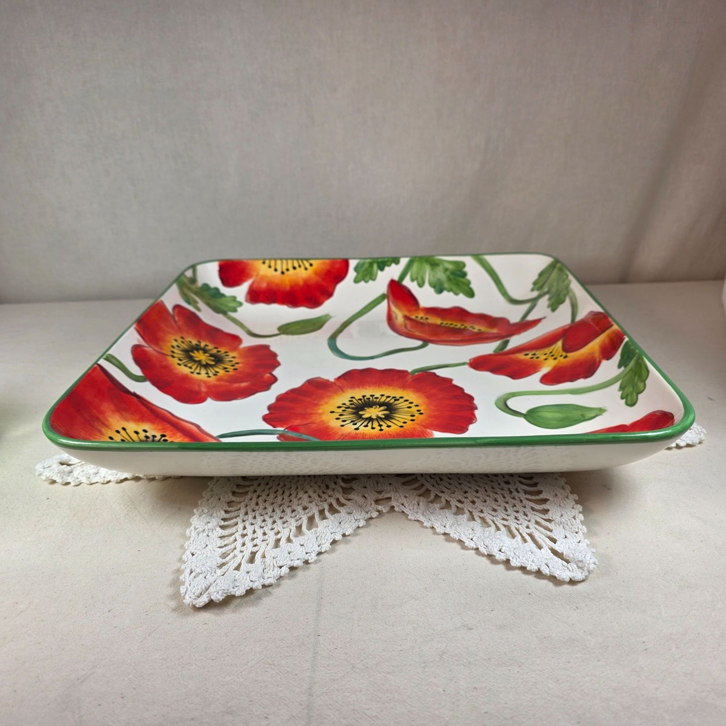 Clay Art Poppies Hand-Painted Square Serving Dish 14" Floral Design StoneLite 2002