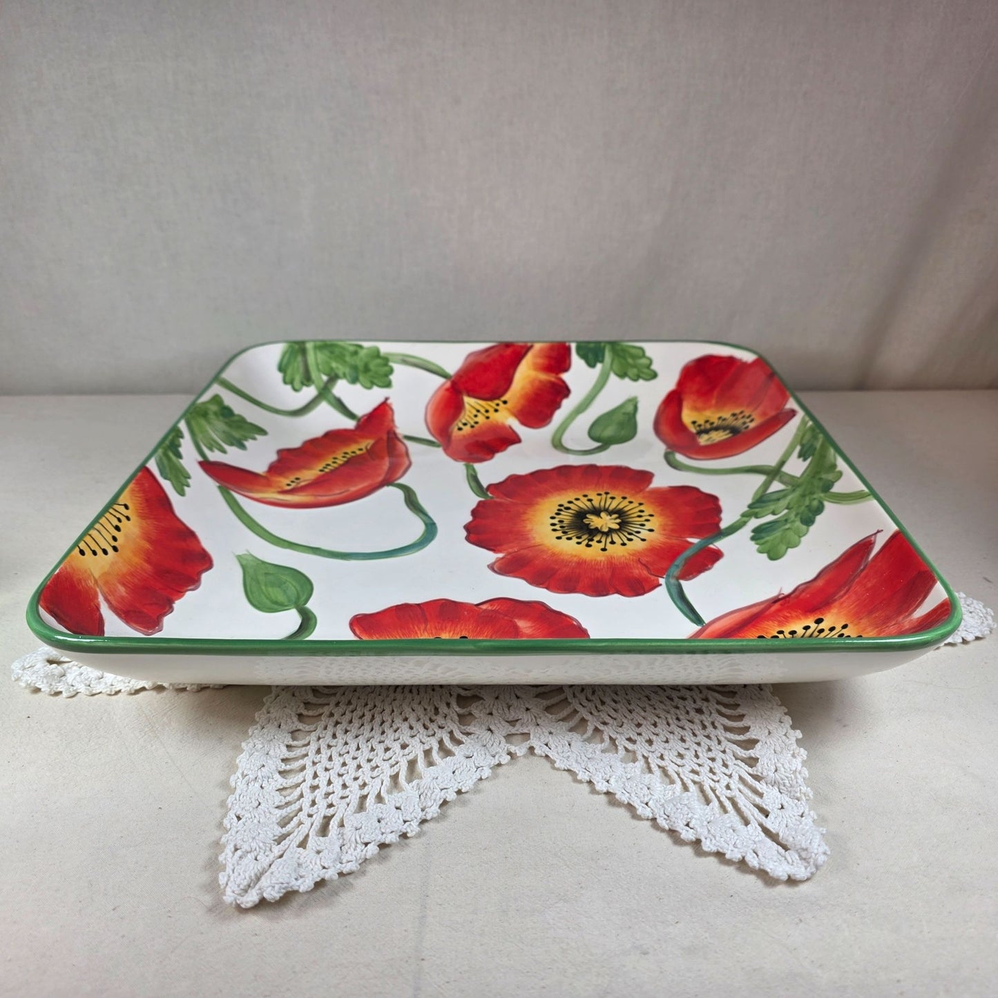 Clay Art Poppies Hand-Painted Square Serving Dish 14" Floral Design StoneLite 2002