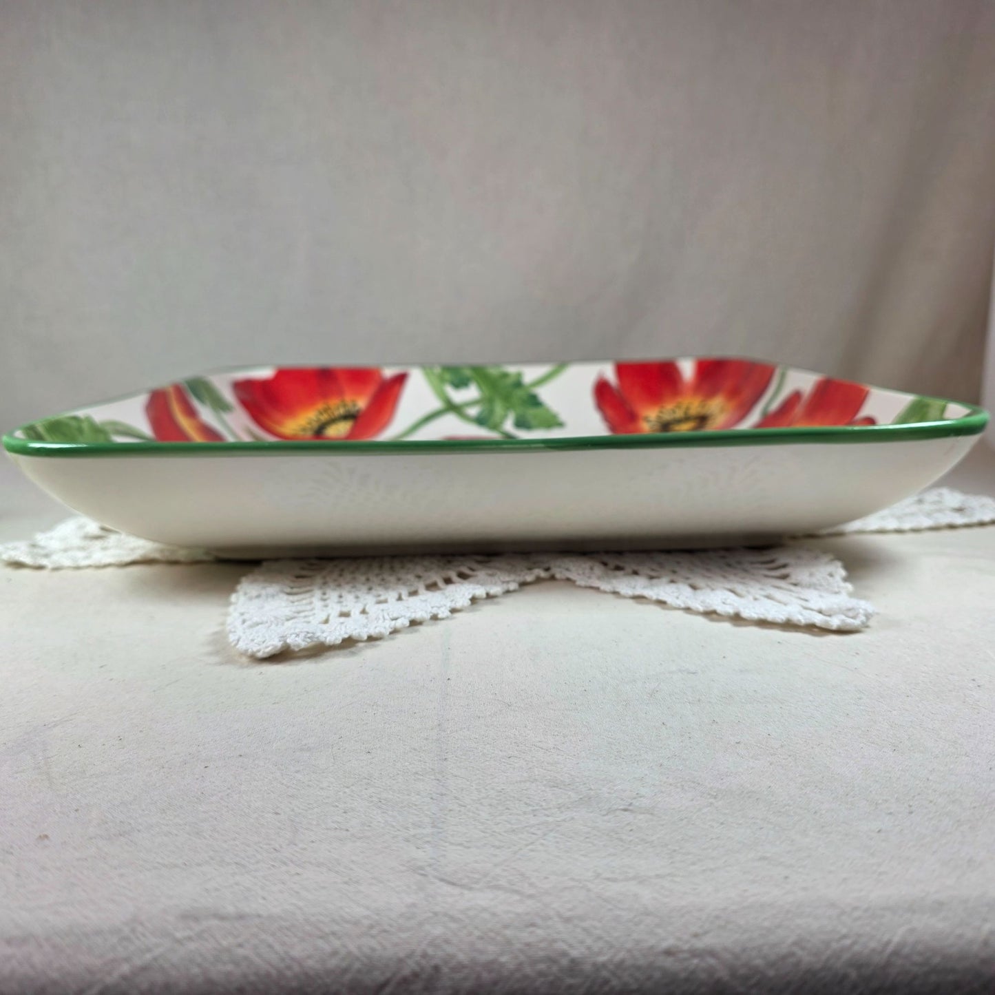 Clay Art Poppies Hand-Painted Square Serving Dish 14" Floral Design StoneLite 2002