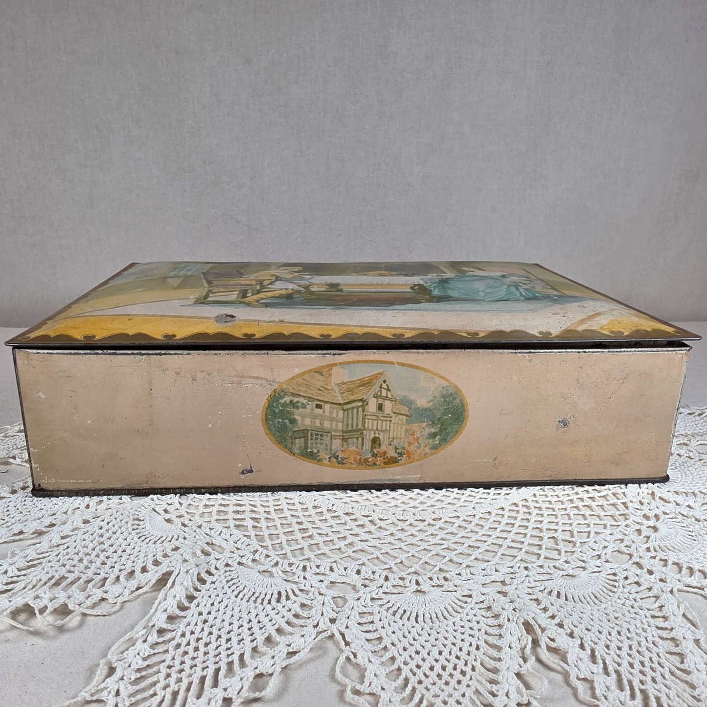 Antique NBC Uneeda Biscuit Tin Lithograph Victorian Scene Hinged Storage Box 11.25"