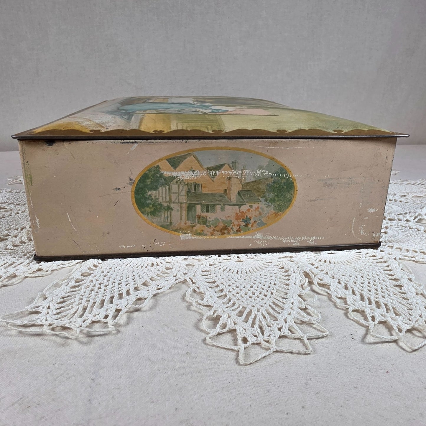 Antique NBC Uneeda Biscuit Tin Lithograph Victorian Scene Hinged Storage Box 11.25"
