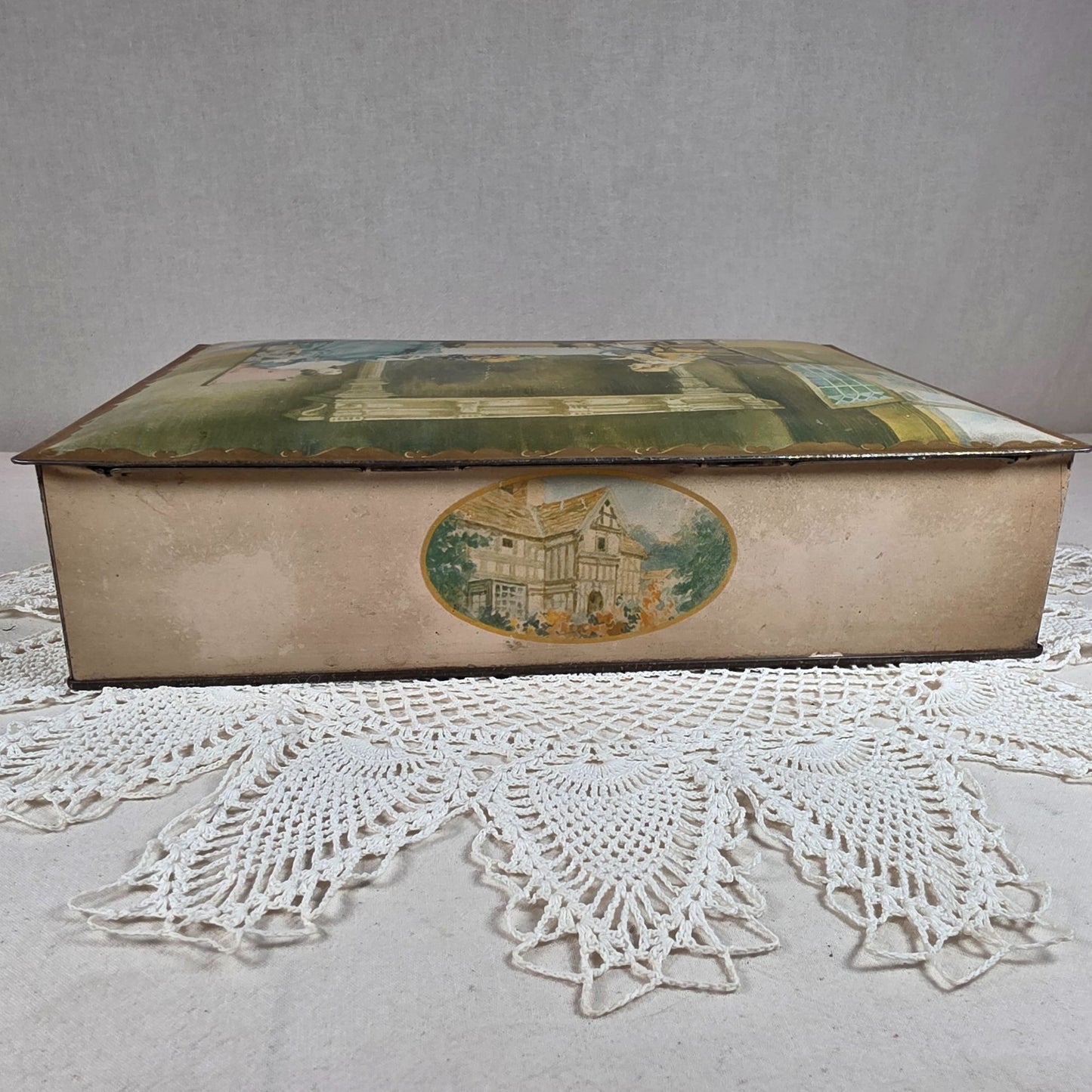 Antique NBC Uneeda Biscuit Tin Lithograph Victorian Scene Hinged Storage Box 11.25"