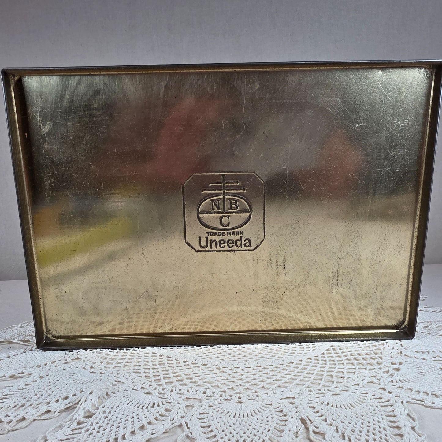 Antique NBC Uneeda Biscuit Tin Lithograph Victorian Scene Hinged Storage Box 11.25"