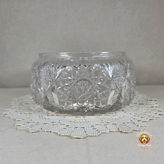Vintage Cut Crystal Rose Bowl Starburst Hobstar Heavy Clear Crystal Candy Bowl