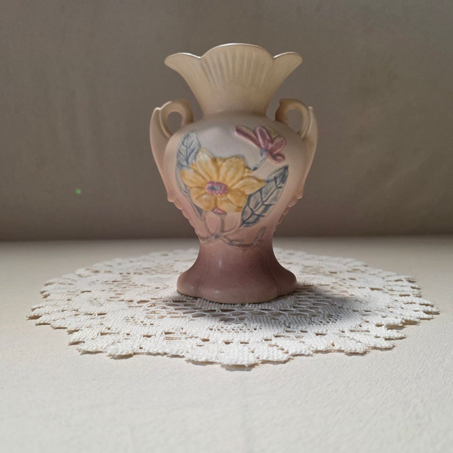 Vintage Hull Pottery Two-Handle Vase With Floral Design & Scalloped Rim
