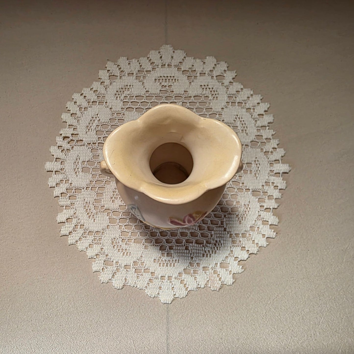 Vintage Hull Pottery Two-Handle Vase With Floral Design & Scalloped Rim