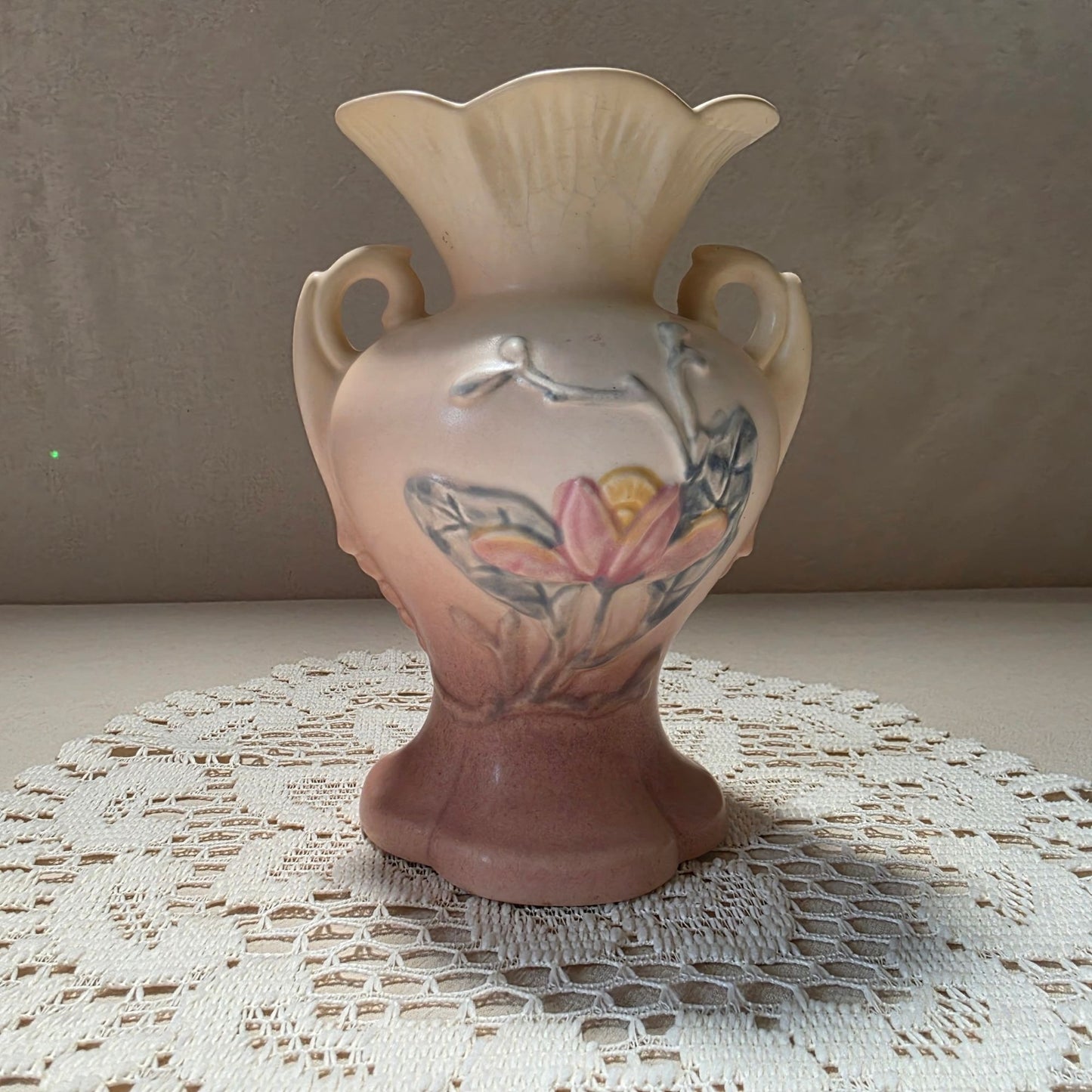 Vintage Hull Pottery Two-Handle Vase With Floral Design & Scalloped Rim
