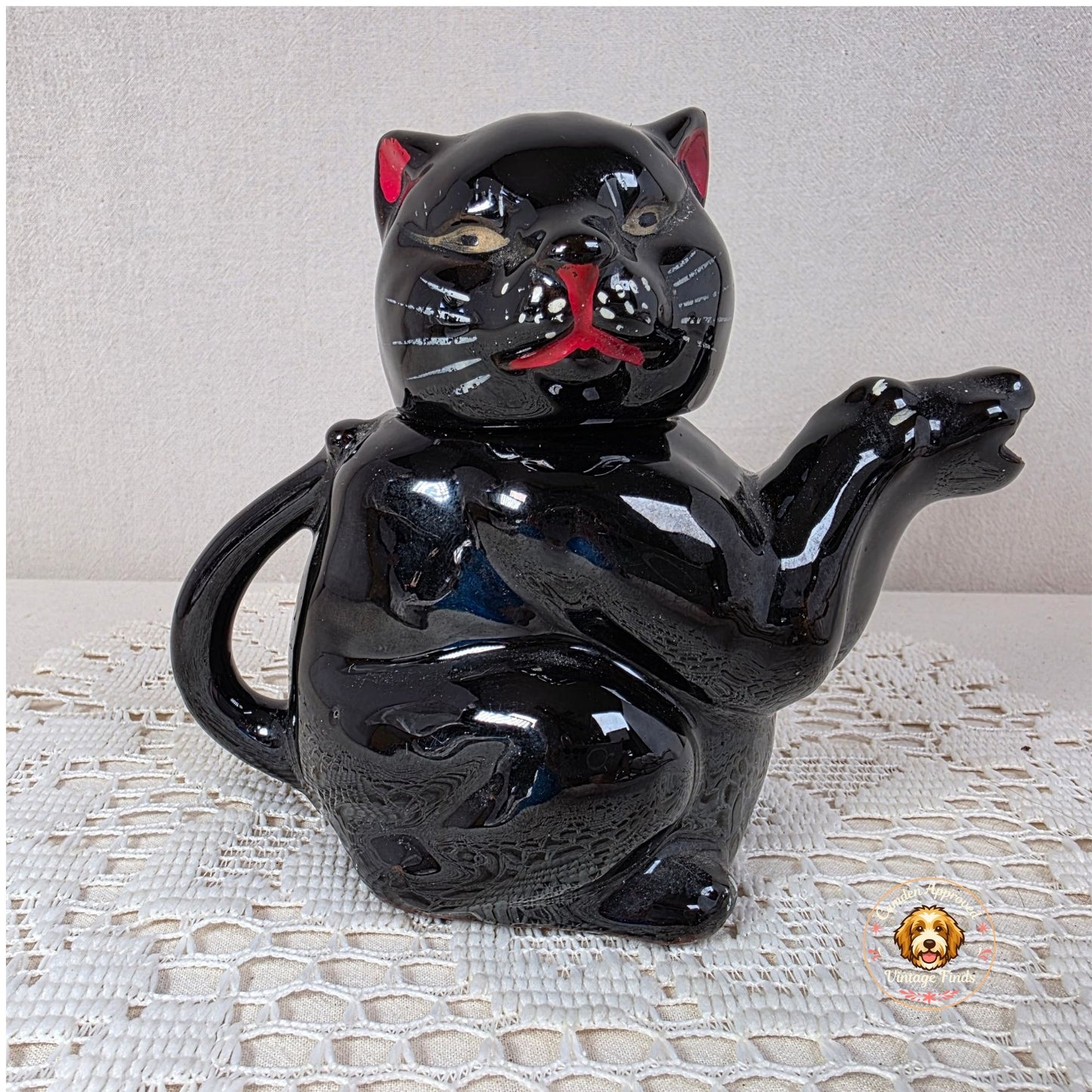 Vintage Shafford Redware Black Cat Teapot With Red & White Painted Details - 5" Tall Mid-Century Design