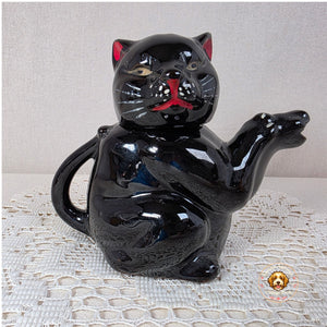 Vintage Shafford Redware Black Cat Teapot With Red & White Painted Details - 5" Tall Mid-Century Design