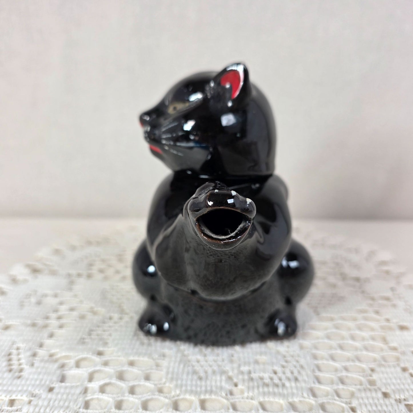 Vintage Shafford Redware Black Cat Teapot With Red & White Painted Details - 5" Tall Mid-Century Design