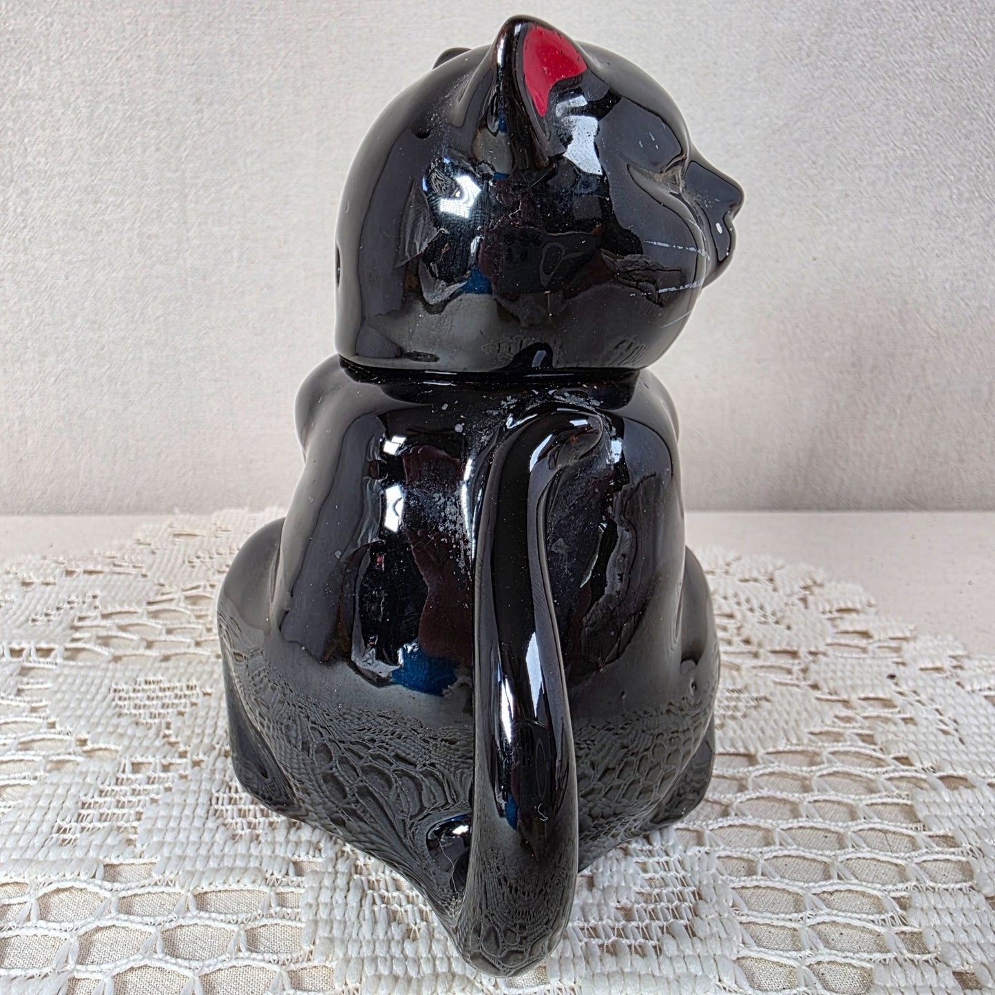 Vintage Shafford Redware Black Cat Teapot With Red & White Painted Details - 5" Tall Mid-Century Design