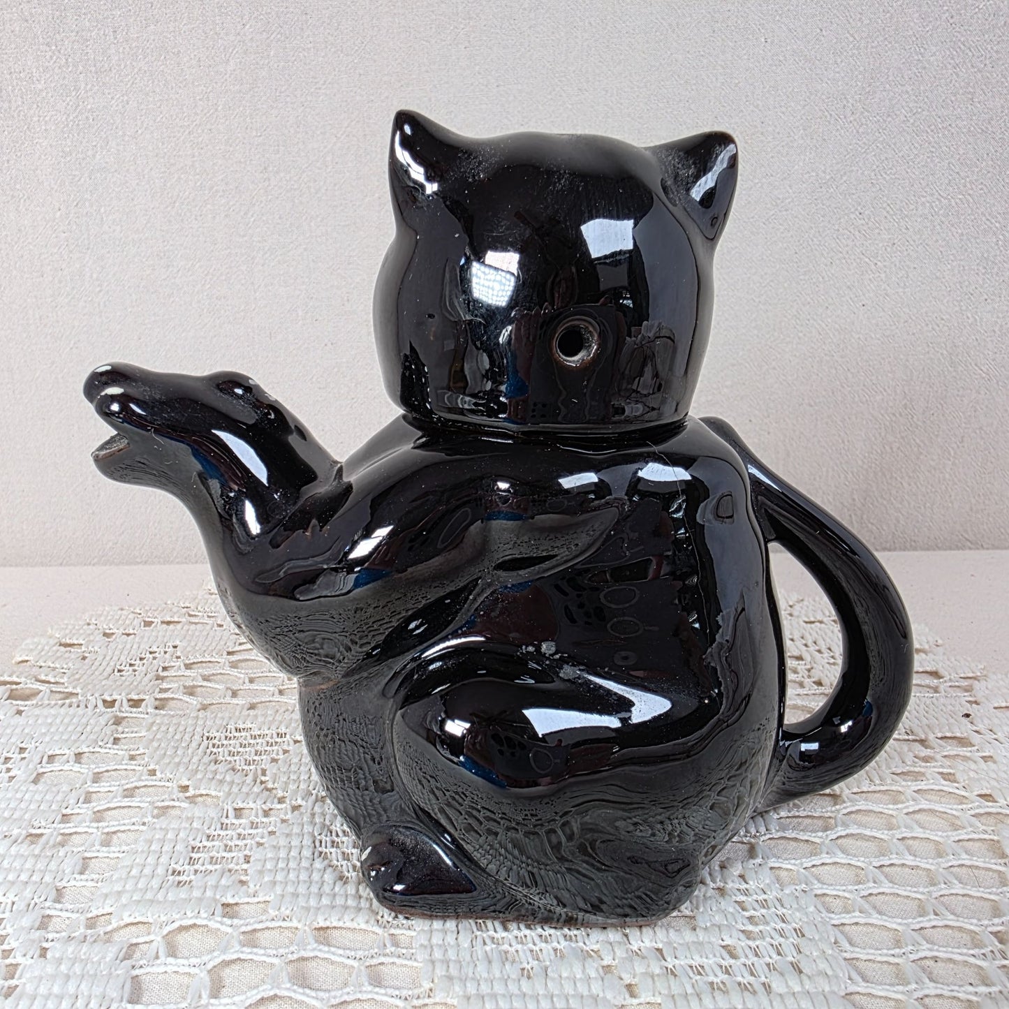 Vintage Shafford Redware Black Cat Teapot With Red & White Painted Details - 5" Tall Mid-Century Design