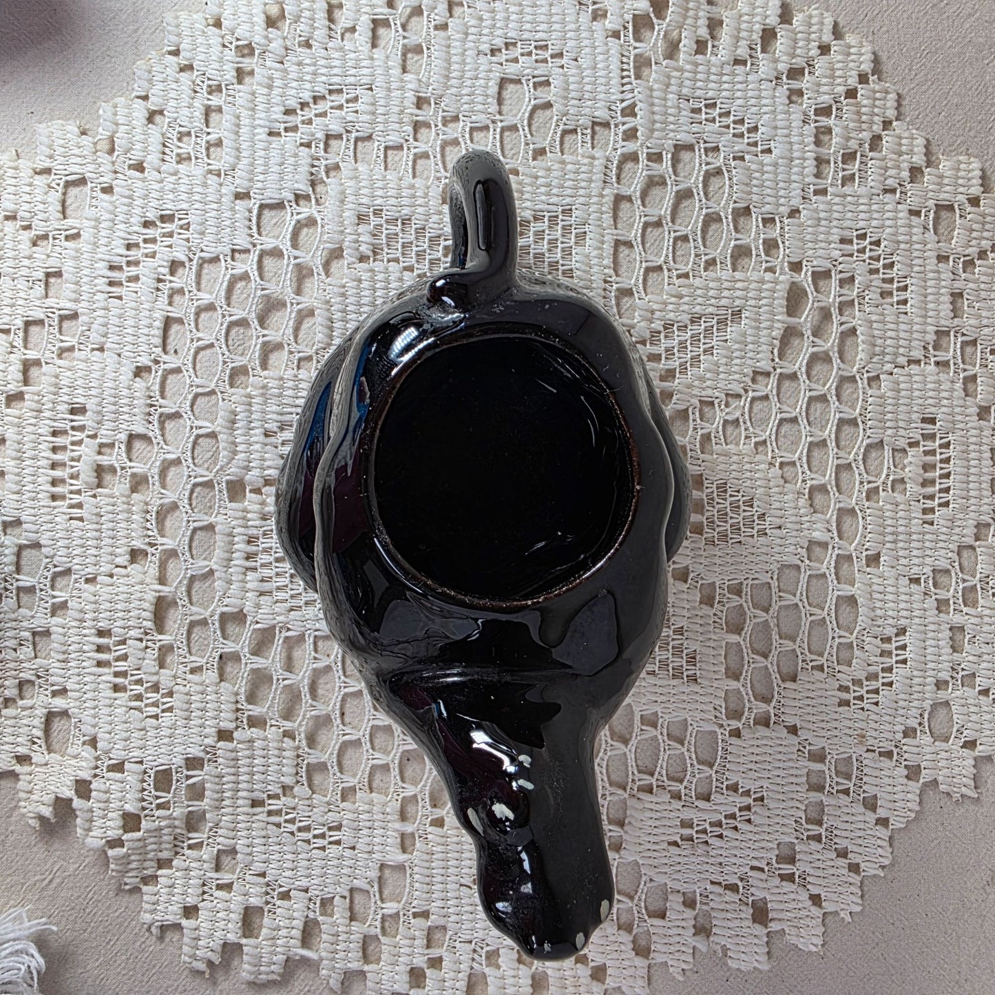 Vintage Shafford Redware Black Cat Teapot With Red & White Painted Details - 5" Tall Mid-Century Design