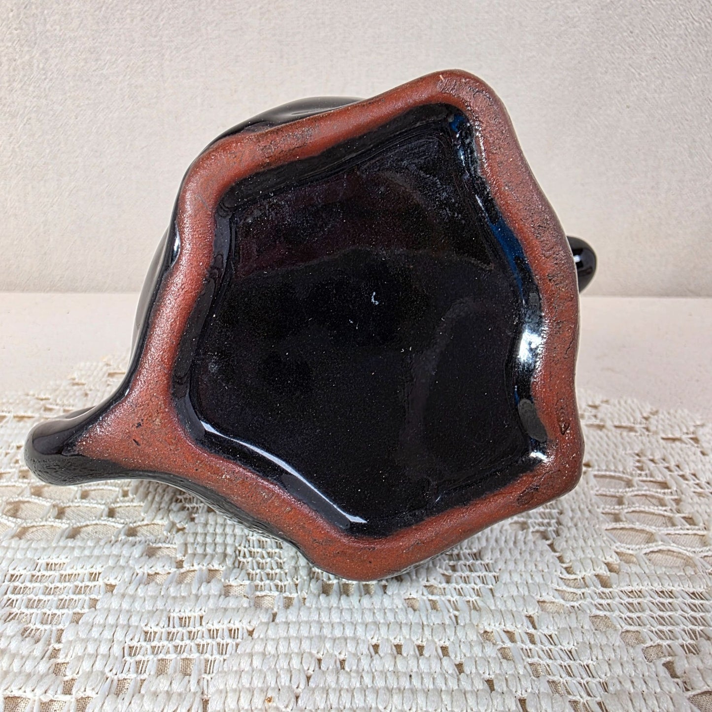 Vintage Shafford Redware Black Cat Teapot With Red & White Painted Details - 5" Tall Mid-Century Design