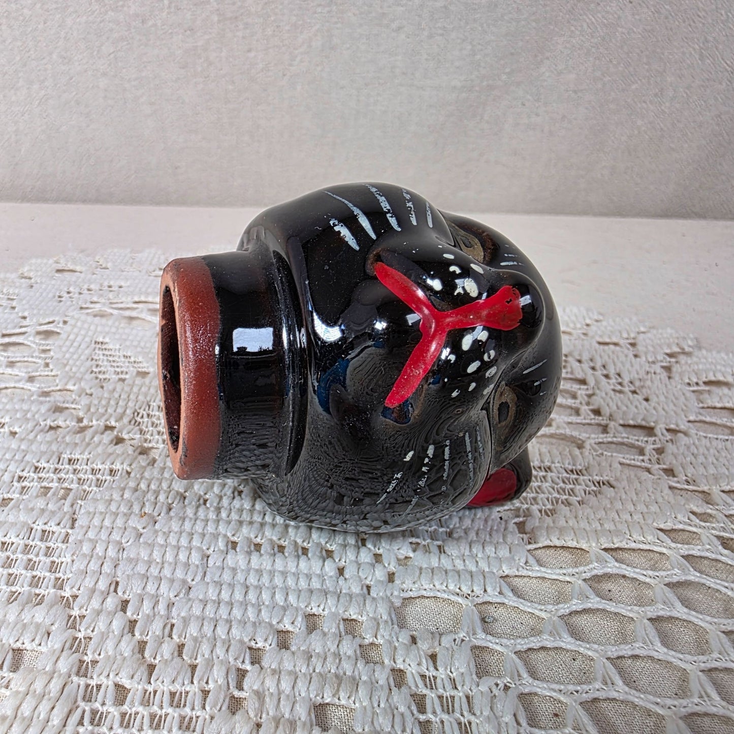 Vintage Shafford Redware Black Cat Teapot With Red & White Painted Details - 5" Tall Mid-Century Design