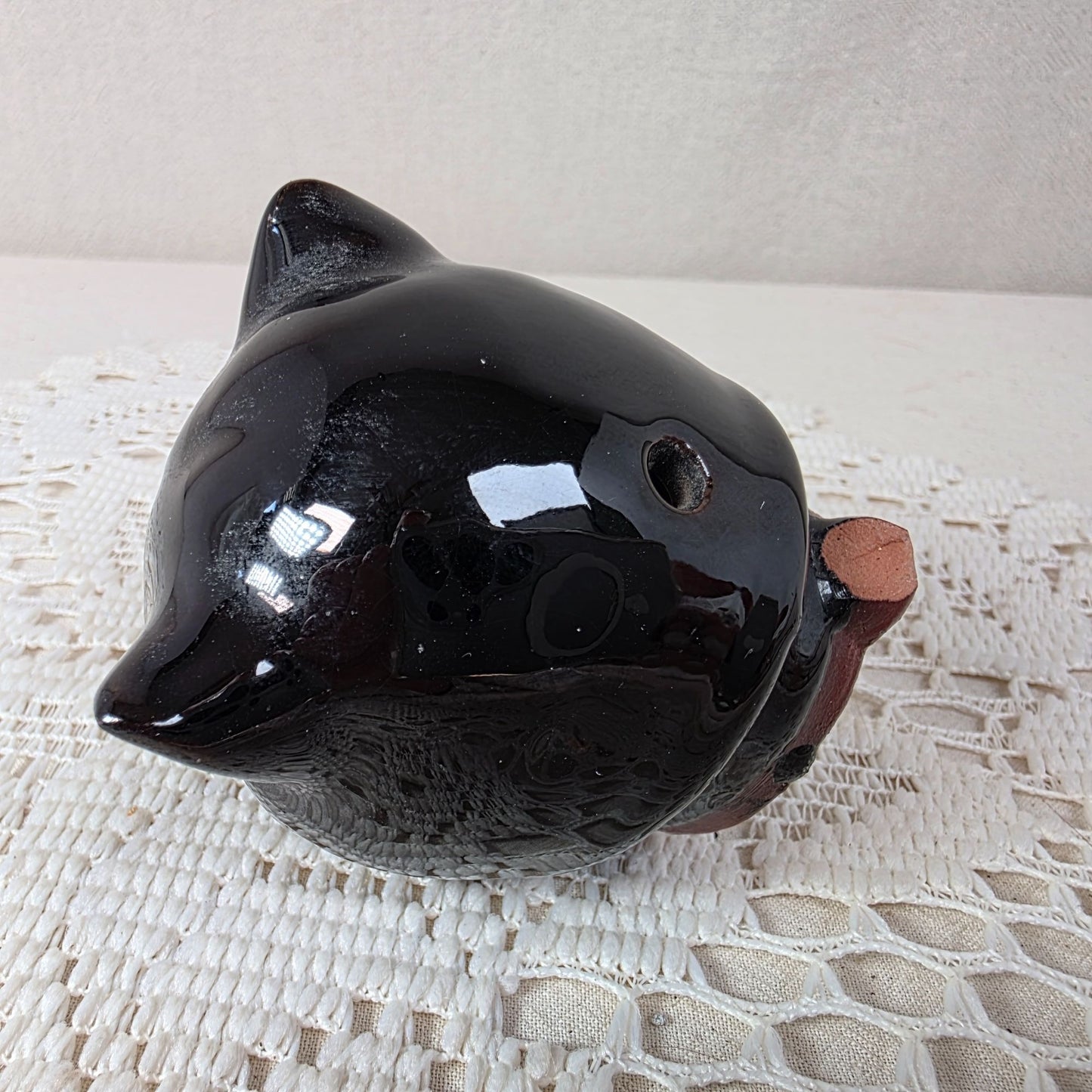 Vintage Shafford Redware Black Cat Teapot With Red & White Painted Details - 5" Tall Mid-Century Design